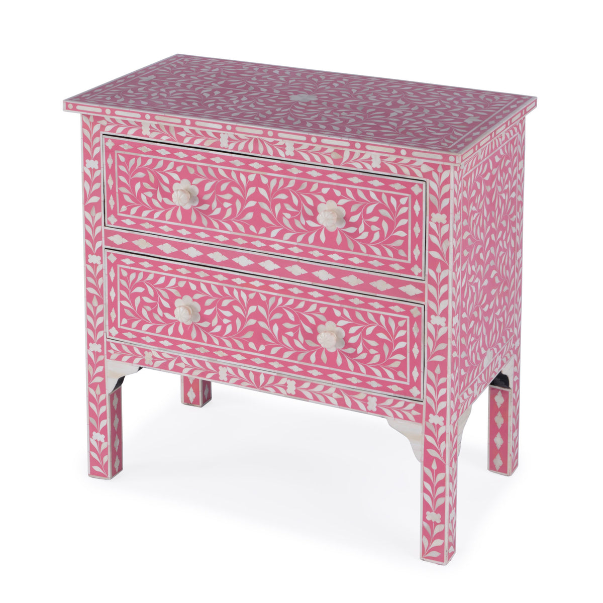 Accent Chest, 2 Drawers, Mango Wood and MDF, Bone Inlay, Cream, Pink