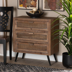 Accent Chest, 3-Drawer, Wood and Rattan, Natural Brown