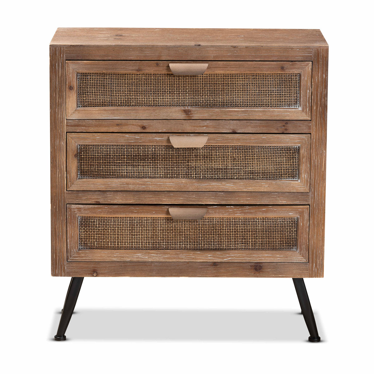 Accent Chest, 3-Drawer, Wood and Rattan, Natural Brown
