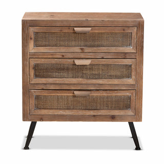 Accent Chest, 3-Drawer, Wood and Rattan, Natural Brown