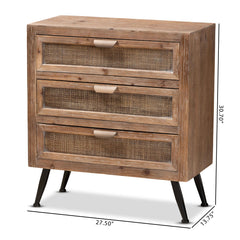 Accent Chest, 3-Drawer, Wood and Rattan, Natural Brown