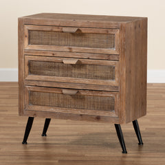Accent Chest, 3-Drawer, Wood and Rattan, Natural Brown