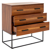 Accent Chest, 3 Drawers, Brown Mahogany with Black Metal Frame