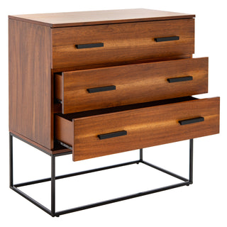 Accent Chest, 3 Drawers, Brown Mahogany with Black Metal Frame