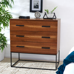 Accent Chest, 3 Drawers, Brown Mahogany with Black Metal Frame