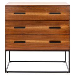 Accent Chest, 3 Drawers, Brown Mahogany with Black Metal Frame