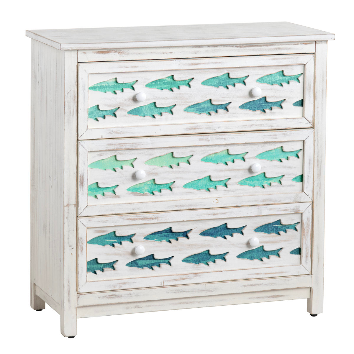 Accent Chest, 3 Drawers, Fir Wood, White Wash, Blue Fish Accents