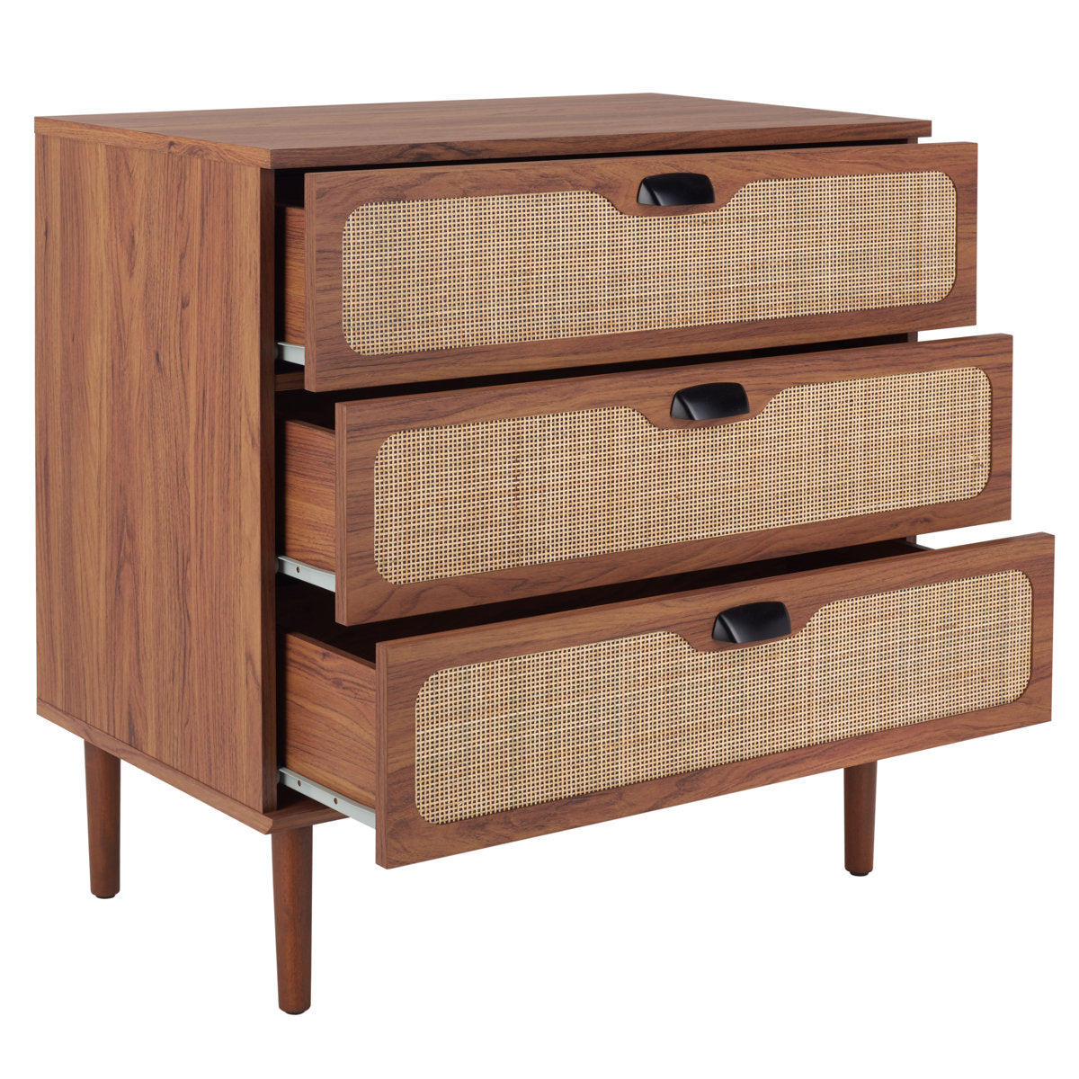 Accent Chest, 3 Drawers, Rubberwood and Rattan Mesh, Walnut