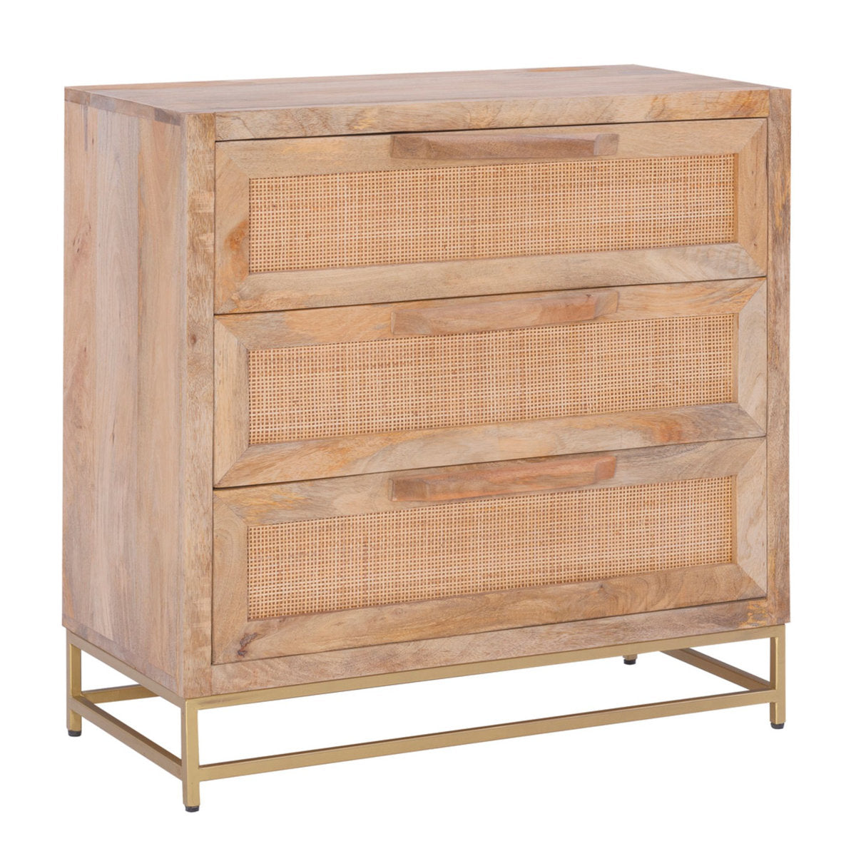 Accent Chest, 3 Drawers, Solid Mango Wood and Cane, Gold/Natural