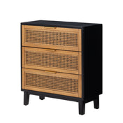 Accent Chest, 3 Drawers, Solid Wood Top, Woven Rattan Fronts, Brass Knobs