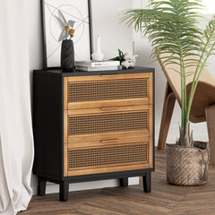 Accent Chest, 3 Drawers, Solid Wood Top, Woven Rattan Fronts, Brass Knobs