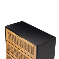 Accent Chest, 3 Drawers, Solid Wood Top, Woven Rattan Fronts, Brass Knobs