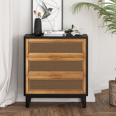 Accent Chest, 3 Drawers, Solid Wood Top, Woven Rattan Fronts, Brass Knobs