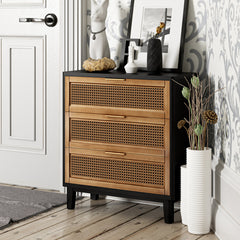 Accent Chest, 3 Drawers, Solid Wood Top, Woven Rattan Fronts, Brass Knobs