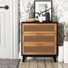Accent Chest, 3 Drawers, Solid Wood Top, Woven Rattan Fronts, Brass Knobs