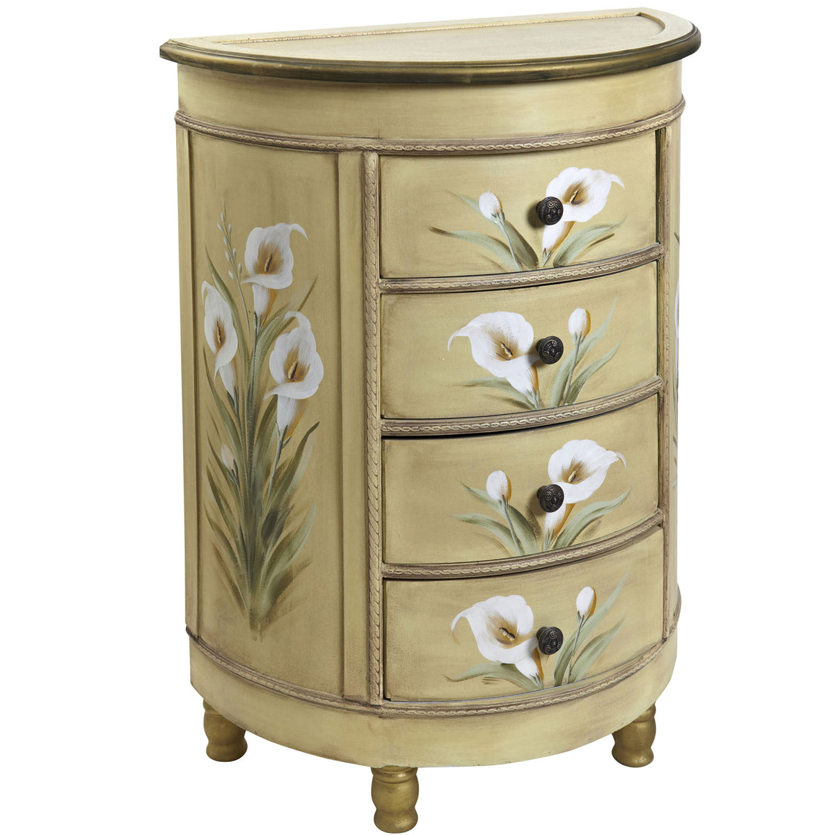 Accent Chest, 4 Drawers, Demilune Fir Wood, Antique Gold Top, Gold Base