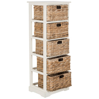 Accent Chest, 5 Drawers and Basket, Solid Wood, Vintage White