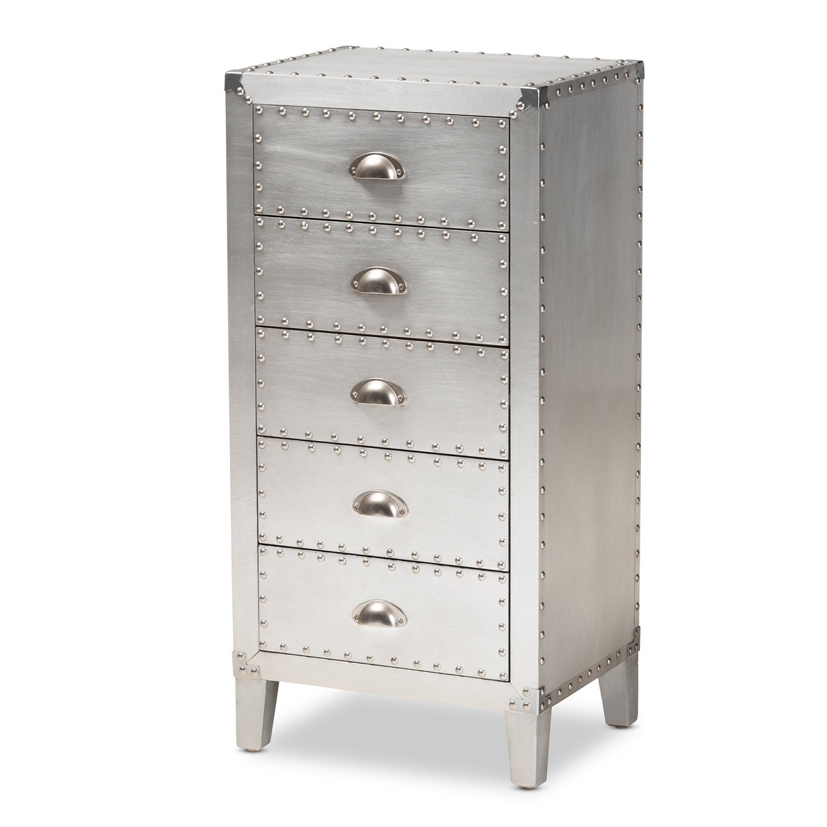 Accent Chest, 5 Drawers, Manufactured Wood and Metal, Silver