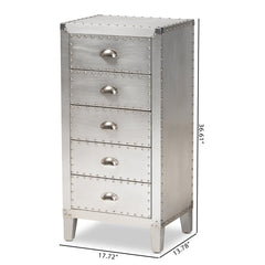 Accent Chest, 5 Drawers, Manufactured Wood and Metal, Silver