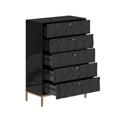 Accent Chest, 5 Drawers, MDF and Metal, Black, Gold Tapered Legs