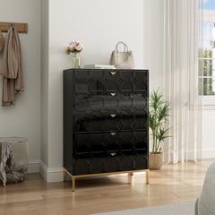 Accent Chest, 5 Drawers, MDF and Metal, Black, Gold Tapered Legs