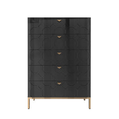 Accent Chest, 5 Drawers, MDF and Metal, Black, Gold Tapered Legs