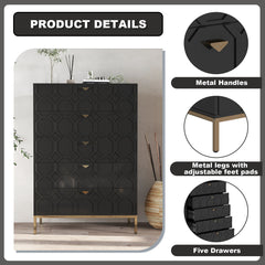 Accent Chest, 5 Drawers, MDF and Metal, Black, Gold Tapered Legs