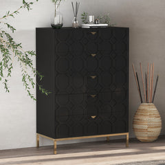 Accent Chest, 5 Drawers, MDF and Metal, Black, Gold Tapered Legs