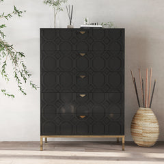 Accent Chest, 5 Drawers, MDF and Metal, Black, Gold Tapered Legs