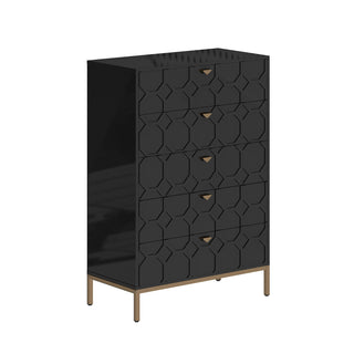 Accent Chest, 5 Drawers, MDF and Metal, Black, Gold Tapered Legs