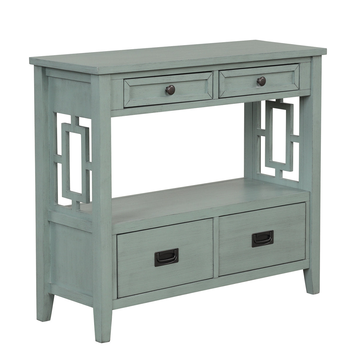 Accent Chest with 4 Drawers and Open Shelf, Pine Wood, Lake Green