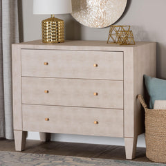Accent Storage Cabinet, Beige Faux Shagreen with Three Drawers