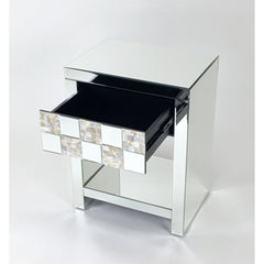Accent Table, 1 Drawer, Solid Pine Wood, Glass Top, White