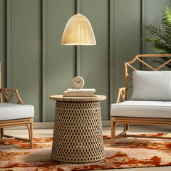Accent Table, 22 in Round, Natural Wood Top with Rattan Base