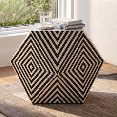 Accent Table, 24 in Square, Black and Off-White with Bone Inlay