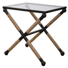 Accent Table, Clear Glass Top, Black and Gold Iron Base