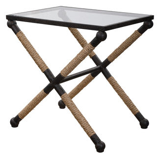 Accent Table, Clear Glass Top, Black and Gold Iron Base