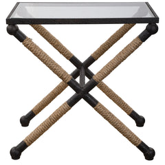 Accent Table, Clear Glass Top, Black and Gold Iron Base