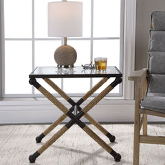 Accent Table, Clear Glass Top, Black and Gold Iron Base