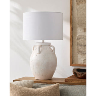 Accent Table Lamp, 29 in H, White Ceramic with Linen Shade