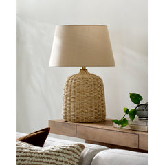 Accent Table Lamp, Rattan Base with Linen Shade, Beige