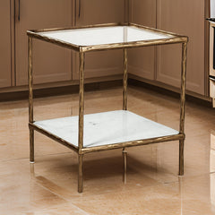Accent Table, Square, Clear Glass with White Marble Base and Brass-Tone Frame