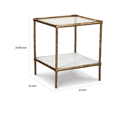 Accent Table, Square, Clear Glass with White Marble Base and Brass-Tone Frame