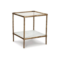 Accent Table, Square, Clear Glass with White Marble Base and Brass-Tone Frame