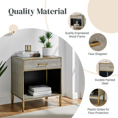 Accent Table with Drawer, Gray Faux Shagreen Top with Gold Base