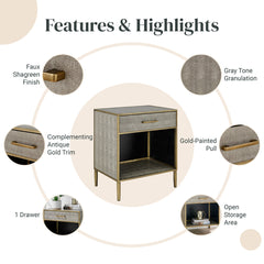 Accent Table with Drawer, Gray Faux Shagreen Top with Gold Base