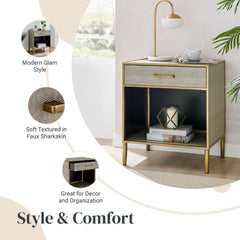 Accent Table with Drawer, Gray Faux Shagreen Top with Gold Base