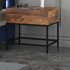 Accent Table with Drawer, Solid Mango Wood Top, Brown, Black Iron Frame