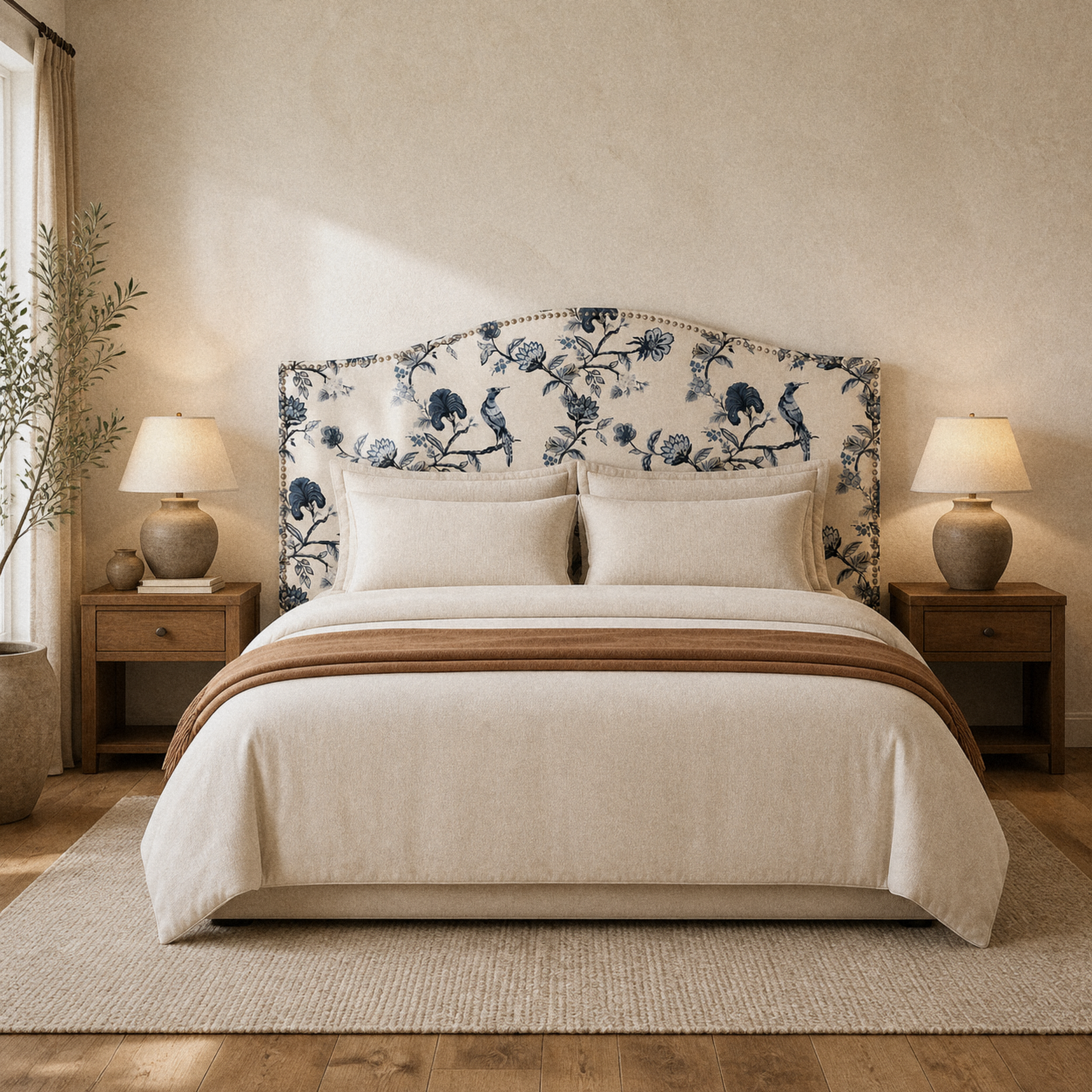 In a room | Sintra Taupe headboard styled in a bright bedroom with white bedding and nightstands