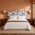 Clay room | Sintra Taupe headboard in a clay-toned bedroom with bedding and brass lamps